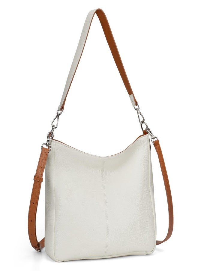 بيفن حقائب كتف متوسطة الحجم من الجلد الطبيعي من بيفن للنساء، حقائب كروسبودي نسائية بحزام قابل للتعديل، بيج مع بني - Image 1